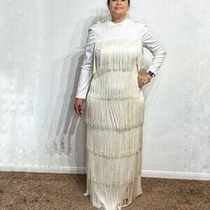 White Vintage Fringe Long Sleeve Maxi Dress Sz M
